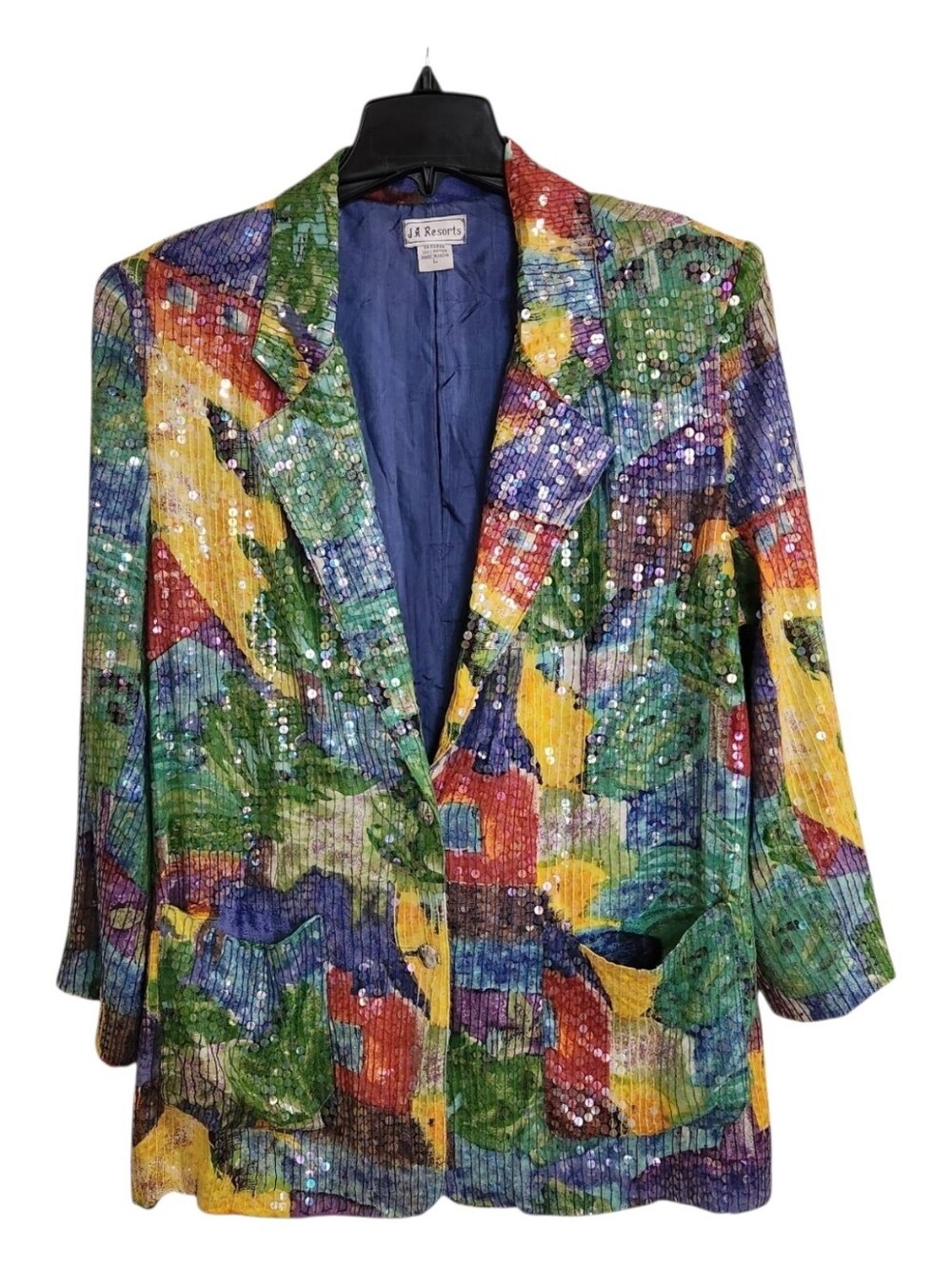 Vintage 80s 90s JA Resorts Tropical Sequin Blazer Jacket Art To Wear Sz L *Flaw
